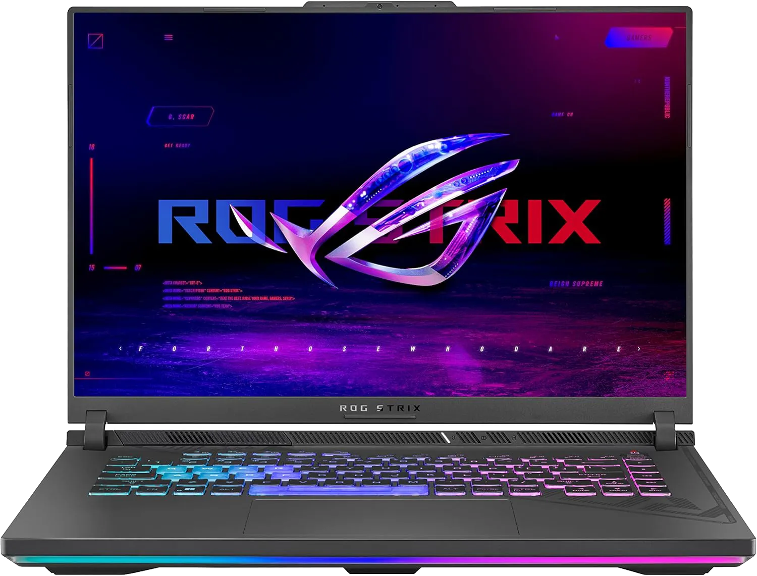 "ASUS ROG Strix G16 in gaming mode with RGB keyboard and 165Hz display, showing high-end gaming with Ultra HD graphics."